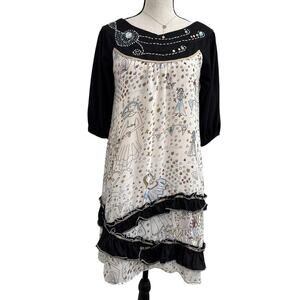MINKPINK Silk Embellished Dress Sz 2 Oversized Graphic Print Boho Indie Artsy